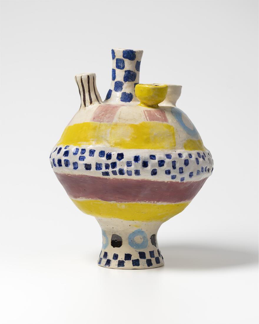 Angela Brennan, Pot with Figure and Checks, 2025