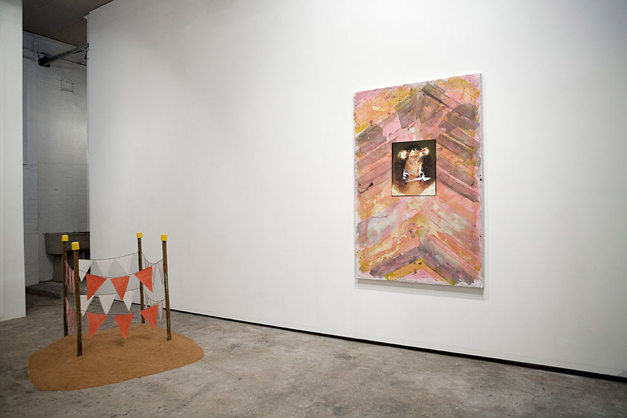 THREE/THREE installation view showing wall: Mary Teague; floor: Yasmin Smith