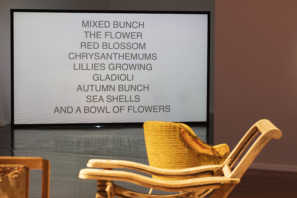 installation view: Agatha Gothe-Snape with Cruthers Collection of Women's Art - Trying to find comfort in an uncomfortable chair, Perth Institute of Contemporary Art, Perth, 2019, showing foreground: Agatha Gothe-Snape, Trying to find comfort in an uncomfortable chair, 2019; background: Agatha Gothe-Snape, We_Must_Risk_Unlearning, 2019