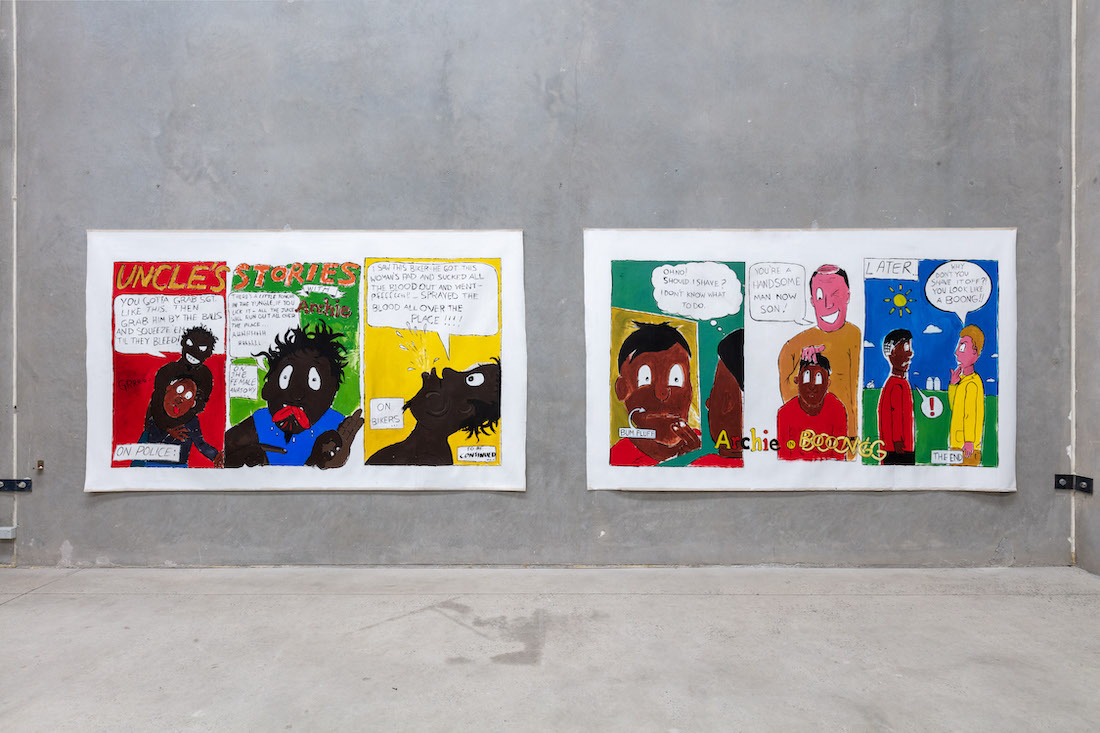 installation view: Archie Moore — Comic Paintings (2005), at The Commercial, Sydney, 2023