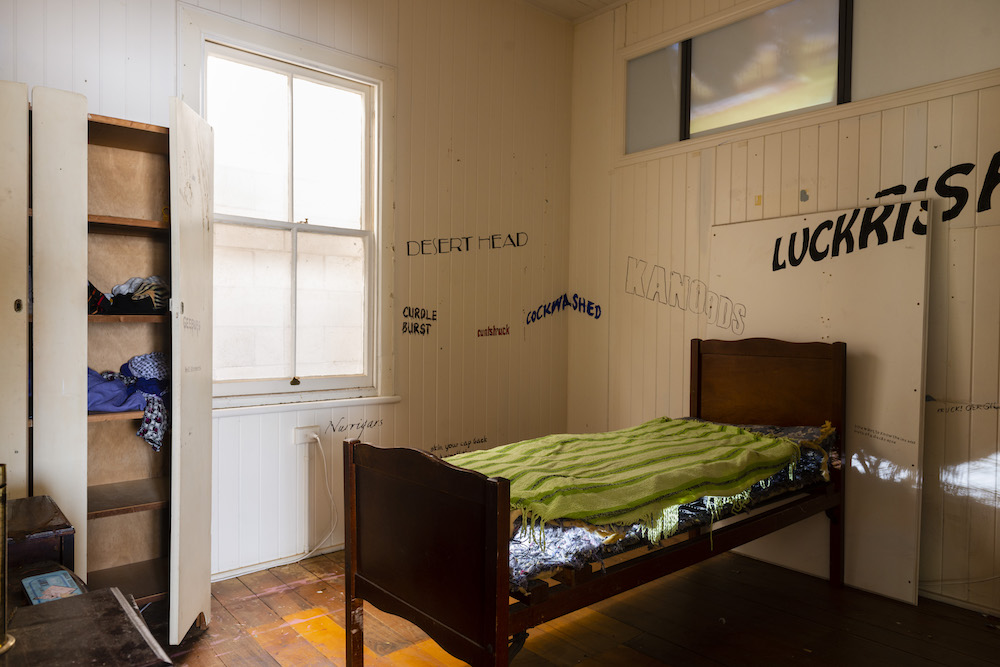 installation view: Archie Moore, HouseShow, 2020, mixed media installation, The Cottage, 272 Montague Road, West End, Brisbane