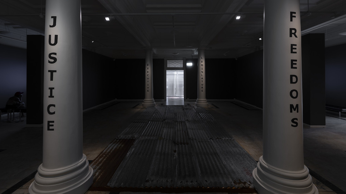 installation view: Archie Moore — Pillors of Democracy, at Cairns Art Gallery, Cairns, 2023