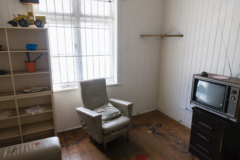 installation view: Archie Moore, HouseShow, 2020, mixed media installation, The Cottage, 272 Montague Road, West End, Brisbane