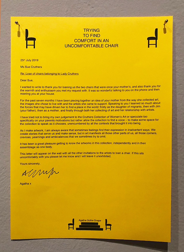 Installation view: Agatha Gothe-Snape - Trying to Find Comfort in an Uncomfortable Chair, Letter to Sue Cruthers detail, Perth Institute of Contemporary Art, Perth, 2019