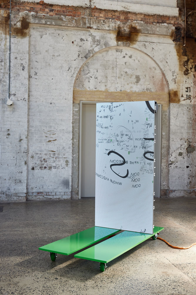 installation view: Agatha Gothe-Snape with Andrew Burrell, Every Act of Reading Performs the Work, 2019-2021 | The National 2021: New Australian Art | Carriageworks, Sydney, 2021 | This project was supported by the Faculty of Design, Architecture and Building, University of Technology Sydney. This project is supported by the NSW Government through Create NSW.