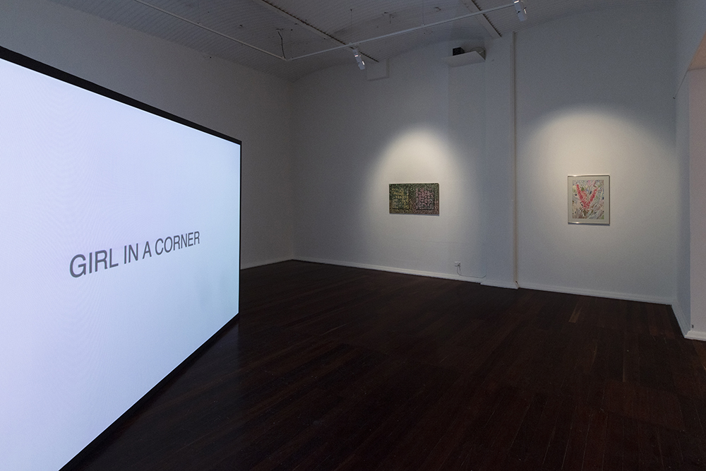 installation view: Agatha Gothe-Snape with Cruthers Collection of Women's Art - Trying to find comfort in an uncomfortable chair, Perth Institute of Contemporary Art, Perth, 2019, showing left to right: Agatha Gothe-Snape, We_Must_Risk_Unlearning, 2019, Rosalie Gascoigne, A Rose is a Rose, 1986 – 88, Miriam Stannage, Hakea in Landscape, c. 1984