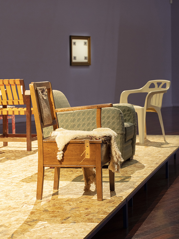 installation view: Agatha Gothe-Snape with Cruthers Collection of Women's Art - Trying to find comfort in an uncomfortable chair, Perth Institute of Contemporary Art, Perth, 2019, showing on platform: Agatha Gothe-Snape, Trying to find comfort in an uncomfortable chair, 2019; wall: Agatha Gothe-Snape, Exit Strategies, 2018-19