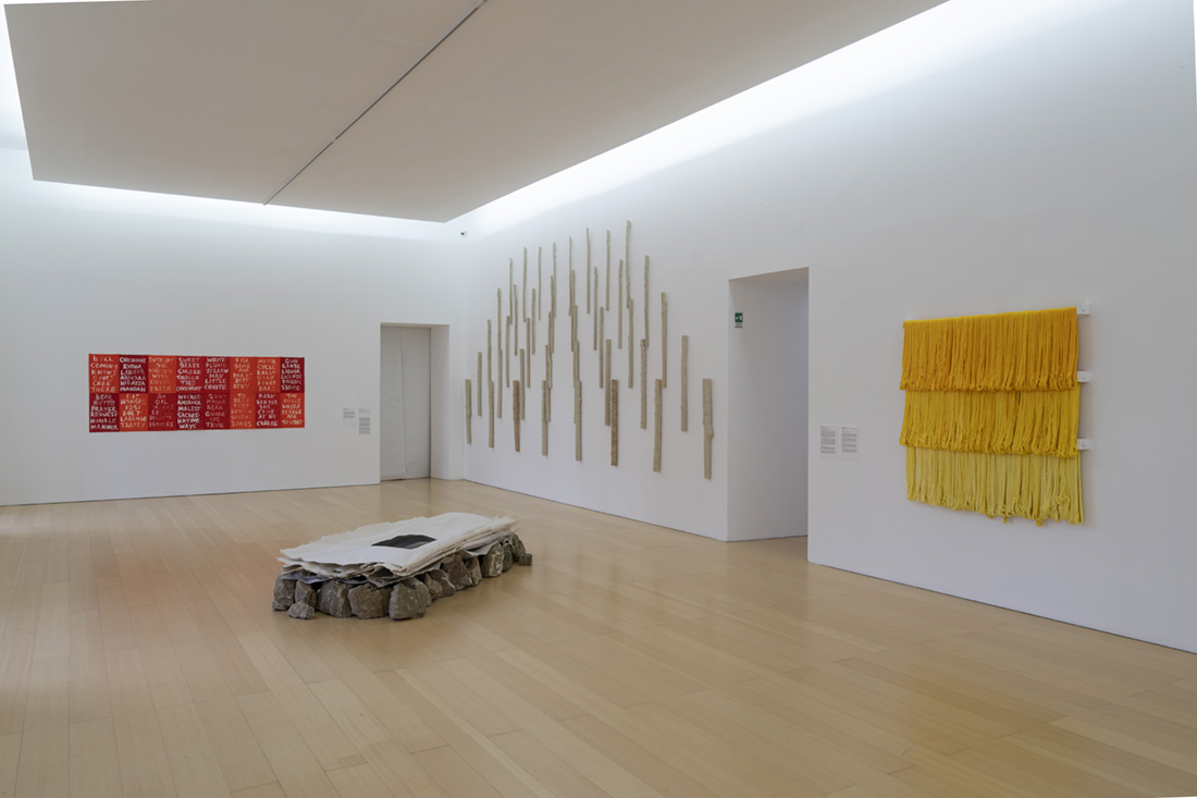 installation view: Rethinking Nature, Museo Madre, Naples, showing wall left to right: Edgar Heap of Birds, Yasmin Smith; floor: Ivano Troisi