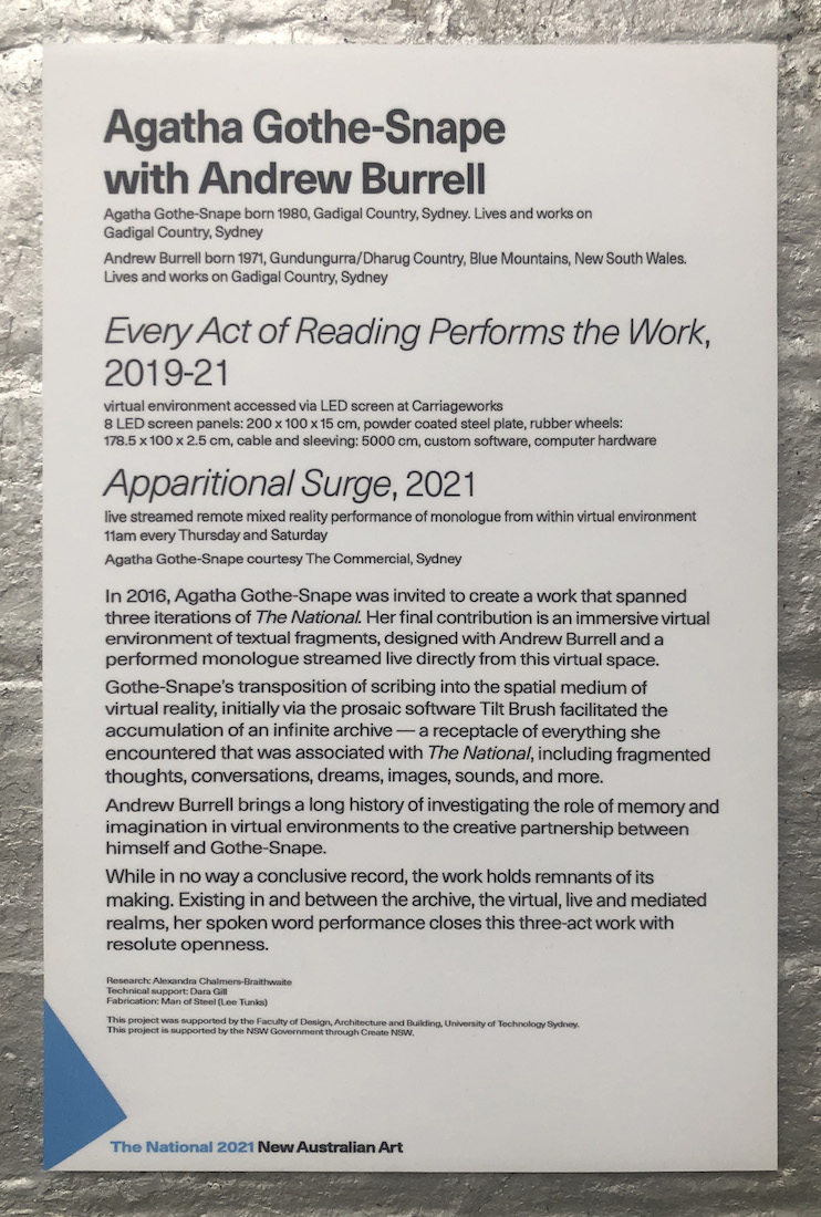 installation view: Agatha Gothe-Snape with Andrew Burrell, Every Act of Reading Performs the Work, 2019-2021 | The National 2021: New Australian Art | Carriageworks, Sydney, 2021 | This project was supported by the Faculty of Design, Architecture and Building, University of Technology Sydney. This project is supported by the NSW Government through Create NSW.