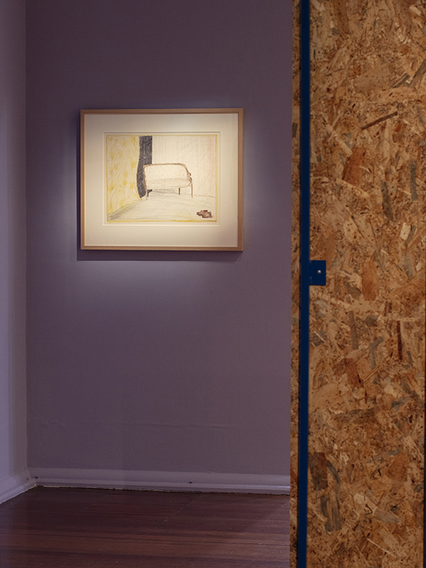 installation view: Agatha Gothe-Snape with Cruthers Collection of Women's Art - Trying to find comfort in an uncomfortable chair, Perth Institute of Contemporary Art, Perth, 2019, showing left to right: Helen Eager, Yellow Curtain, 1984, Agatha Gothe-Snape, Certain Situations/EXPRESSION CURTAIN, 2013