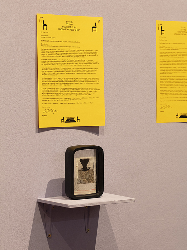 installation view: Agatha Gothe-Snape with Cruthers Collection of Women's Art - Trying to find comfort in an uncomfortable chair, Perth Institute of Contemporary Art, Perth, 2019, showing from top to bottom: Agatha Gothe-Snape, Trying to find comfort in an uncomfortable chair, fourteen letters requesting the loan of chairs sent April 2019, Narelle Jubelin, Series 7 chair by Arne Jacobsen, 2019