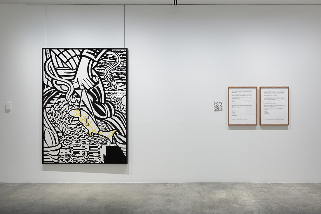 installation view: This is a poem, Buxton Contemporary, Melbourne, 2021 showing Peter Tyndall (left) and Mitch Cairns (right)