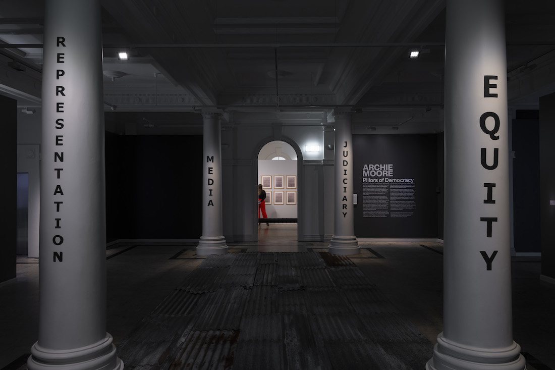 installation view: Archie Moore — Pillors of Democracy, at Cairns Art Gallery, Cairns, 2023