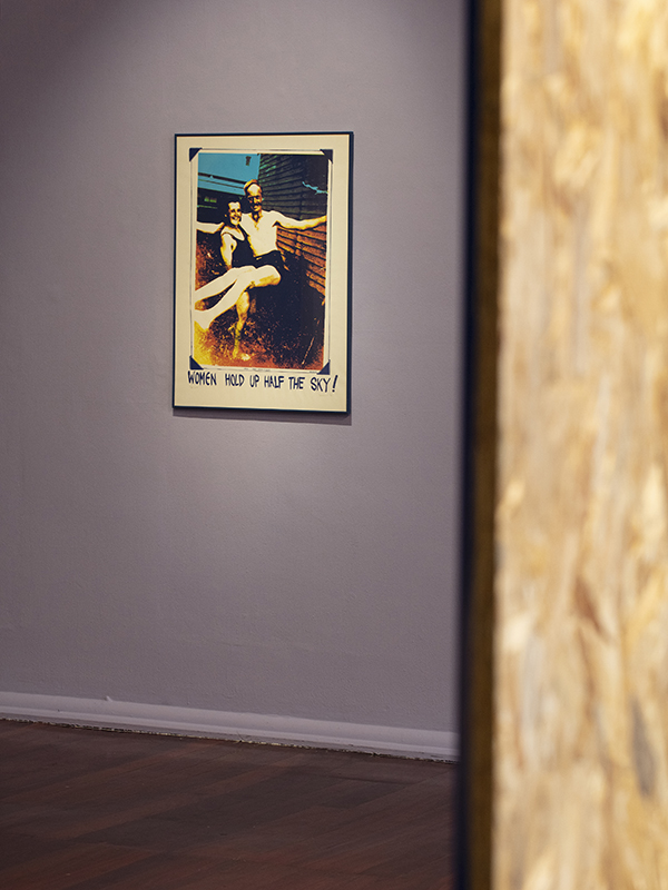 installation view: Agatha Gothe-Snape with Cruthers Collection of Women's Art - Trying to find comfort in an uncomfortable chair, Perth Institute of Contemporary Art, Perth, 2019, showing left to right: Ann Newmarch, Women Hold Up Half The Sky, 1978; Agatha Gothe-Snape, Certain Situations/EXPRESSION CURTAIN, 2013